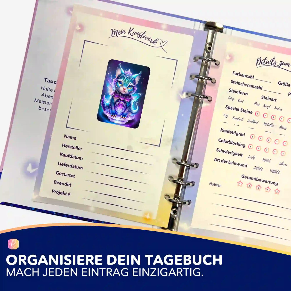 Mystical Kitty Sticker in einem Picmondoo Diamond Painting Tagebuch zur Organisation von DIY-Bastelsets.
