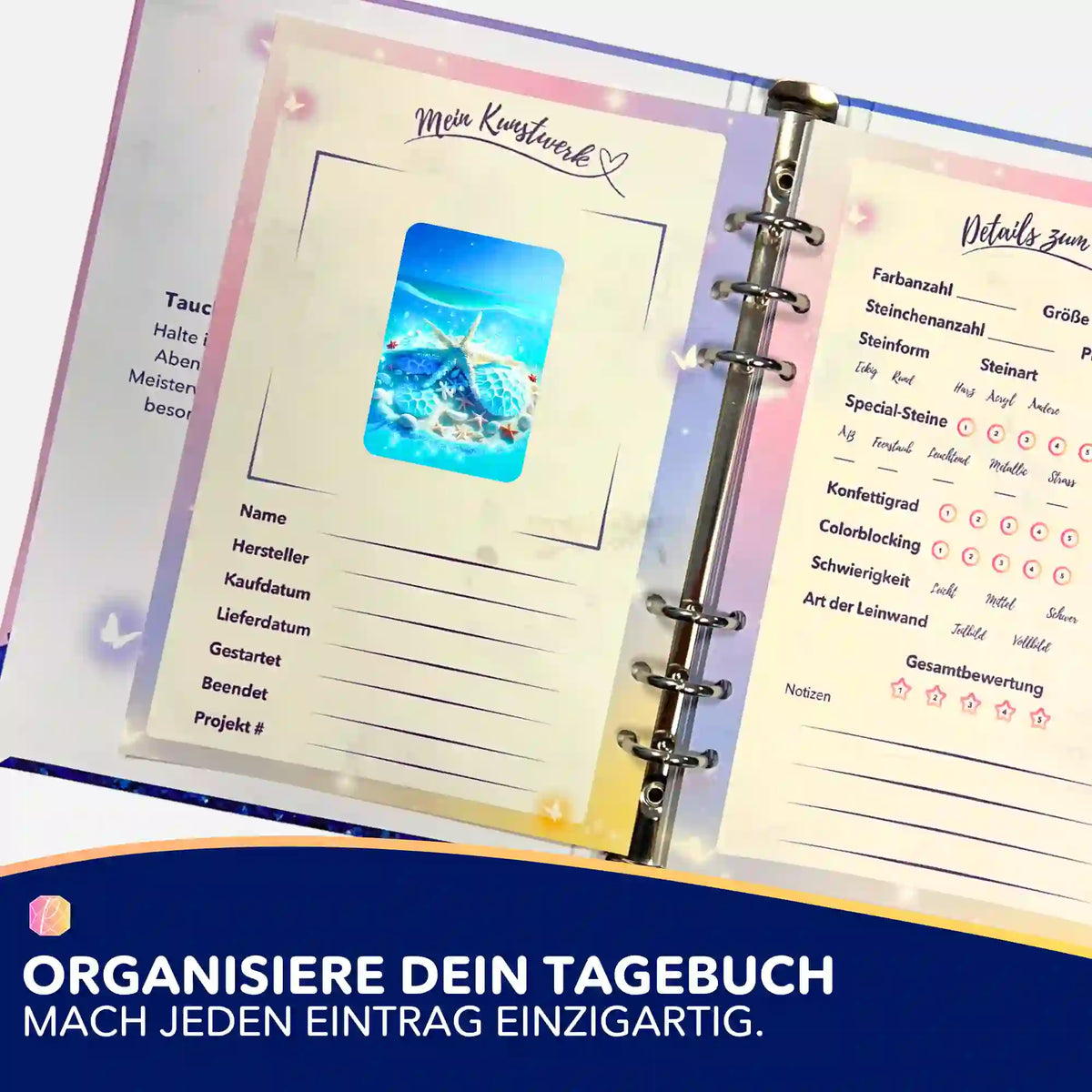 Picmondoo Diamond Painting Tagebuch mit Aufkleber Blaue Meeressymphonie zur Organisation von Malen nach Zahlen Projekten