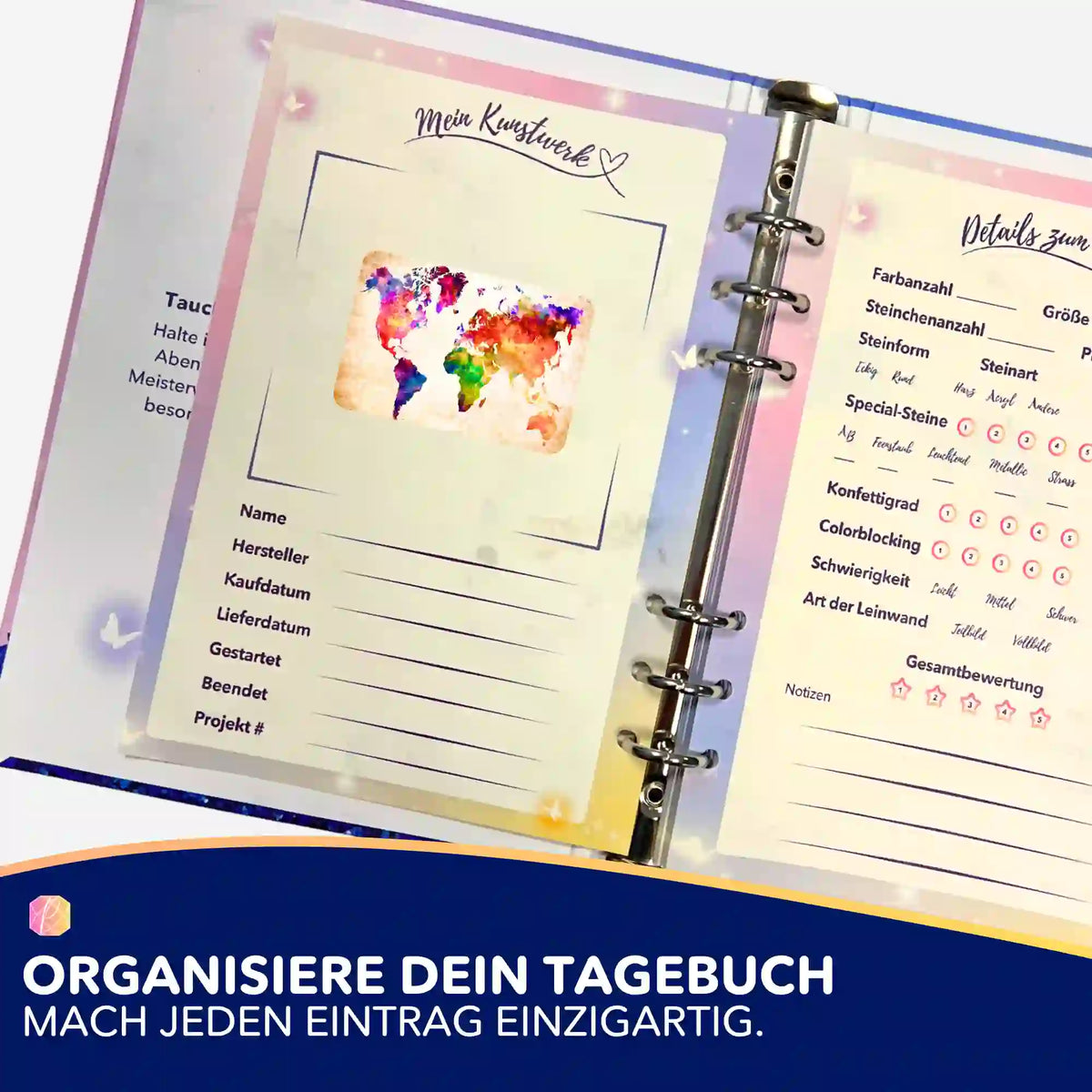Bunte Weltkarte Aufkleber für Diamond Painting Tagebuch zur Organisation von Projektdetails und Bildinformationen