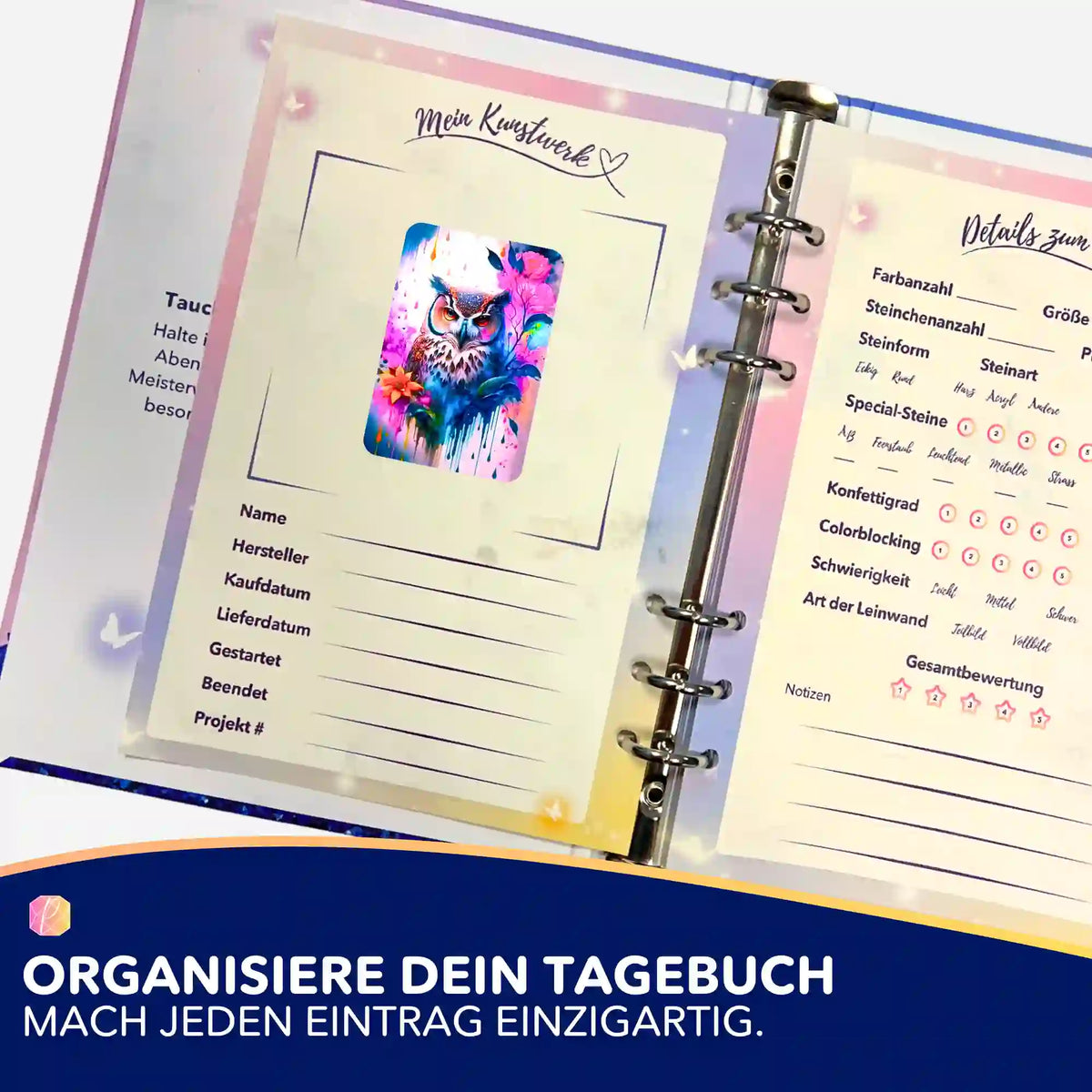 Bunter Eulen-Aufkleber für dein Diamond Painting Tagebuch zur Organisation deiner Kunstwerke und Projekte.