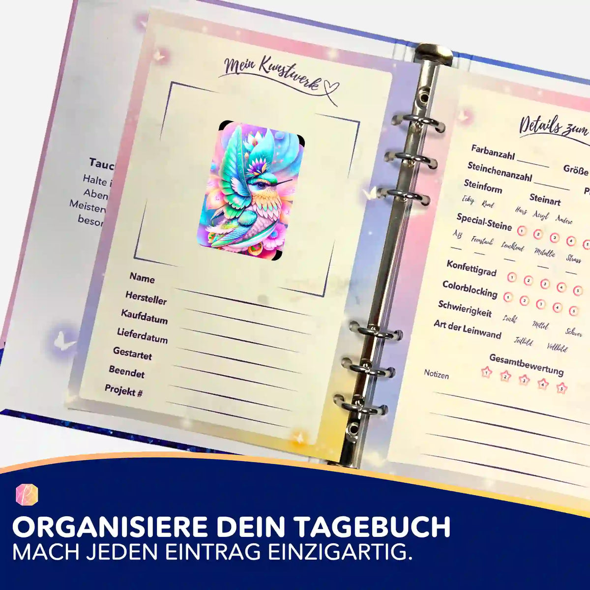 Bunter Kolibri-Sticker für Diamond Painting Tagebuch zur Projekt-Organisation von Picmondoo Kunstwerken