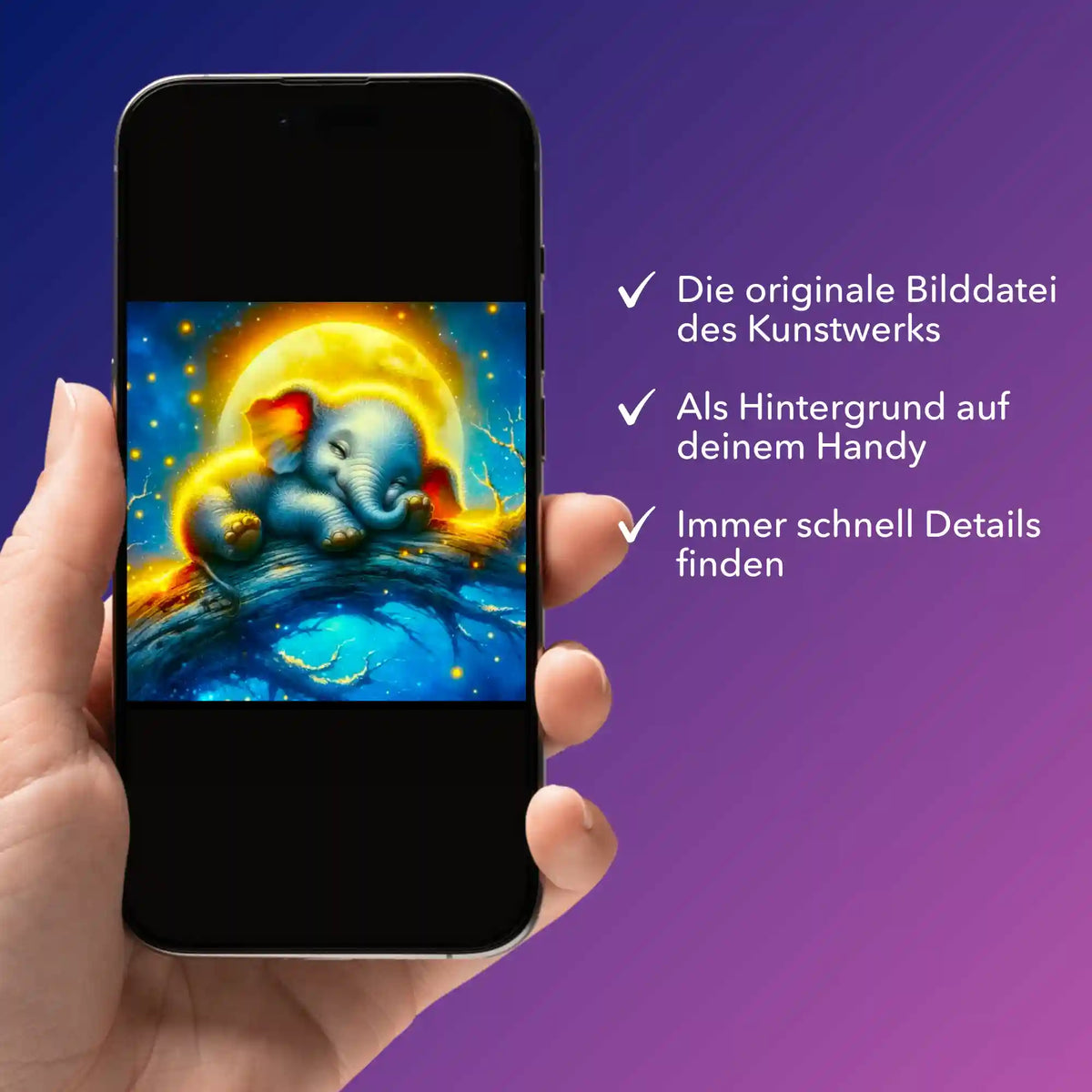 Digitale Bildmappe für Diamond Painting Motiv Mondschein Elefant auf einem Handy als Wallpaper angezeigt