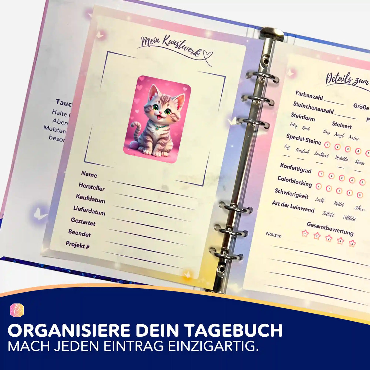 Pippa Sticker in einem Diamond Painting Tagebuch zur Organisation von DIY Projekten und Kunstwerken