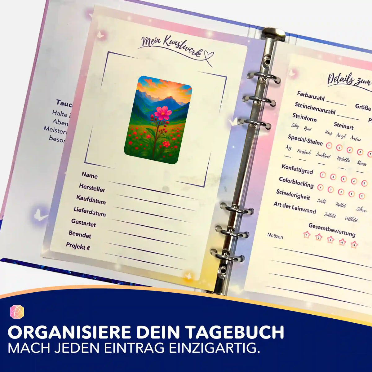 Picmondoo Diamond Painting Sticker Gebirgsblume im Kunsttagebuch zur Organisation von DIY-Projekten