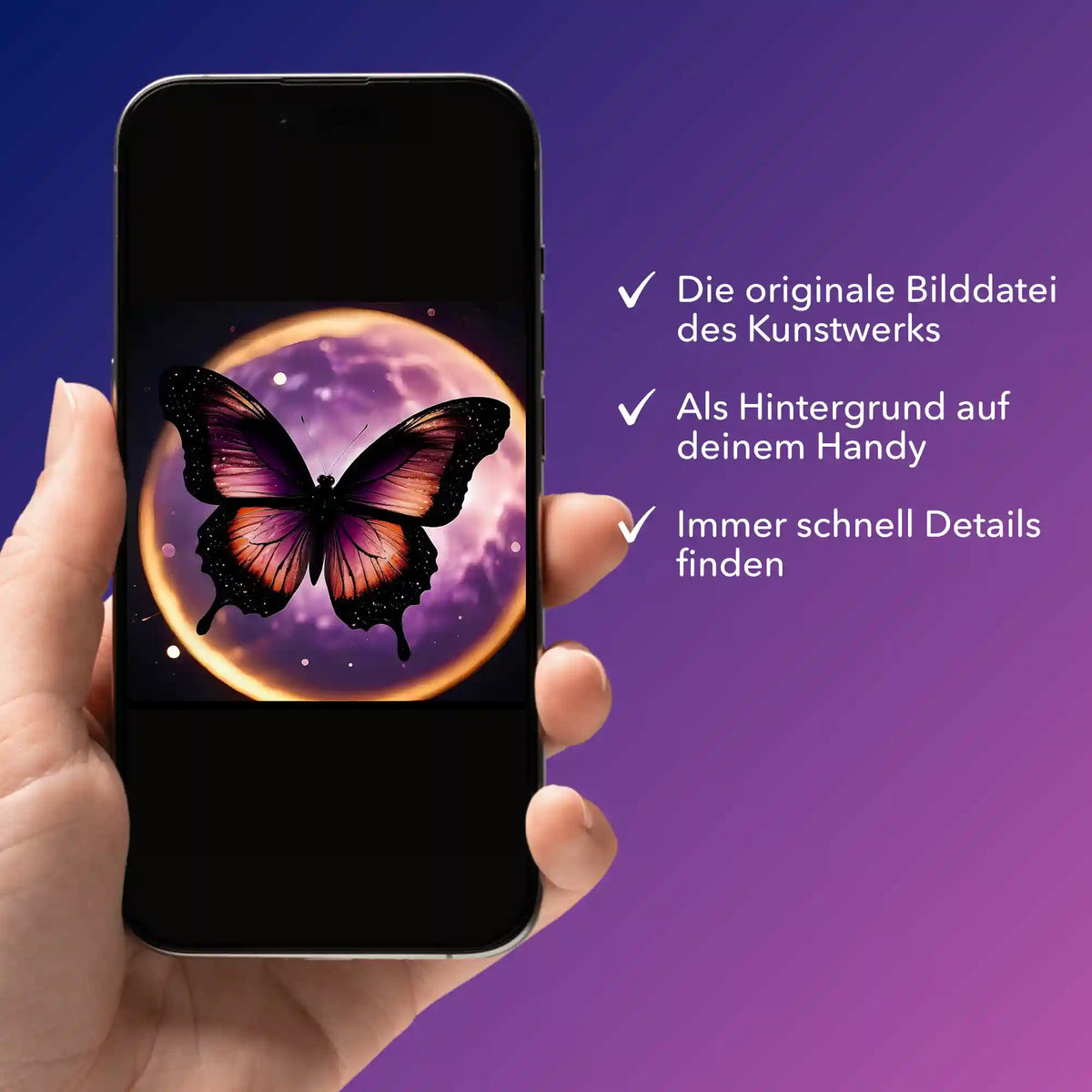 Digitale Bildmappe für Diamond Painting Motiv Purple Moon mit Schmetterling auf einem Smartphone-Display angezeigt