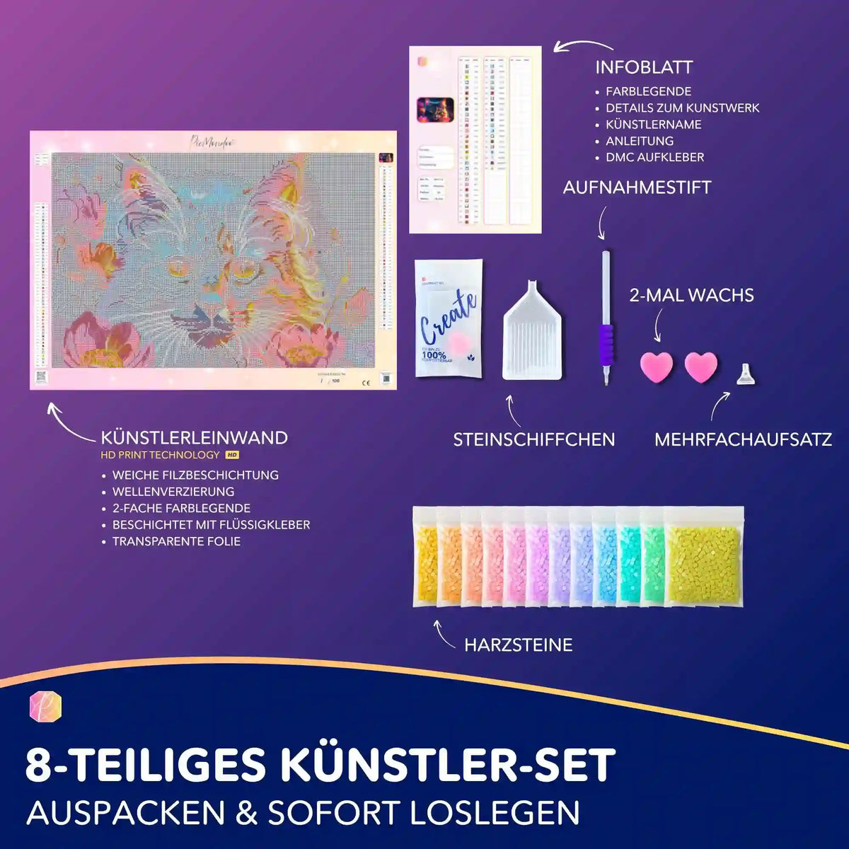 Diamond Painting Set Hüterin der Nachtblüten mit Katzenmotiv, Glitzersteinen und komplettem Zubehör zum Basteln.