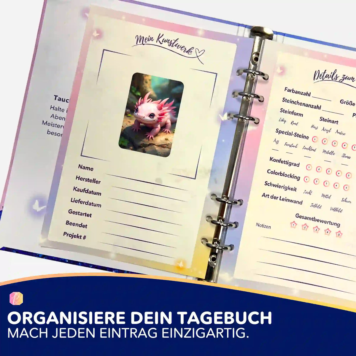 Axolotl Aufkleber in einem Diamond Painting Tagebuch zur Organisation von DIY-Projekten