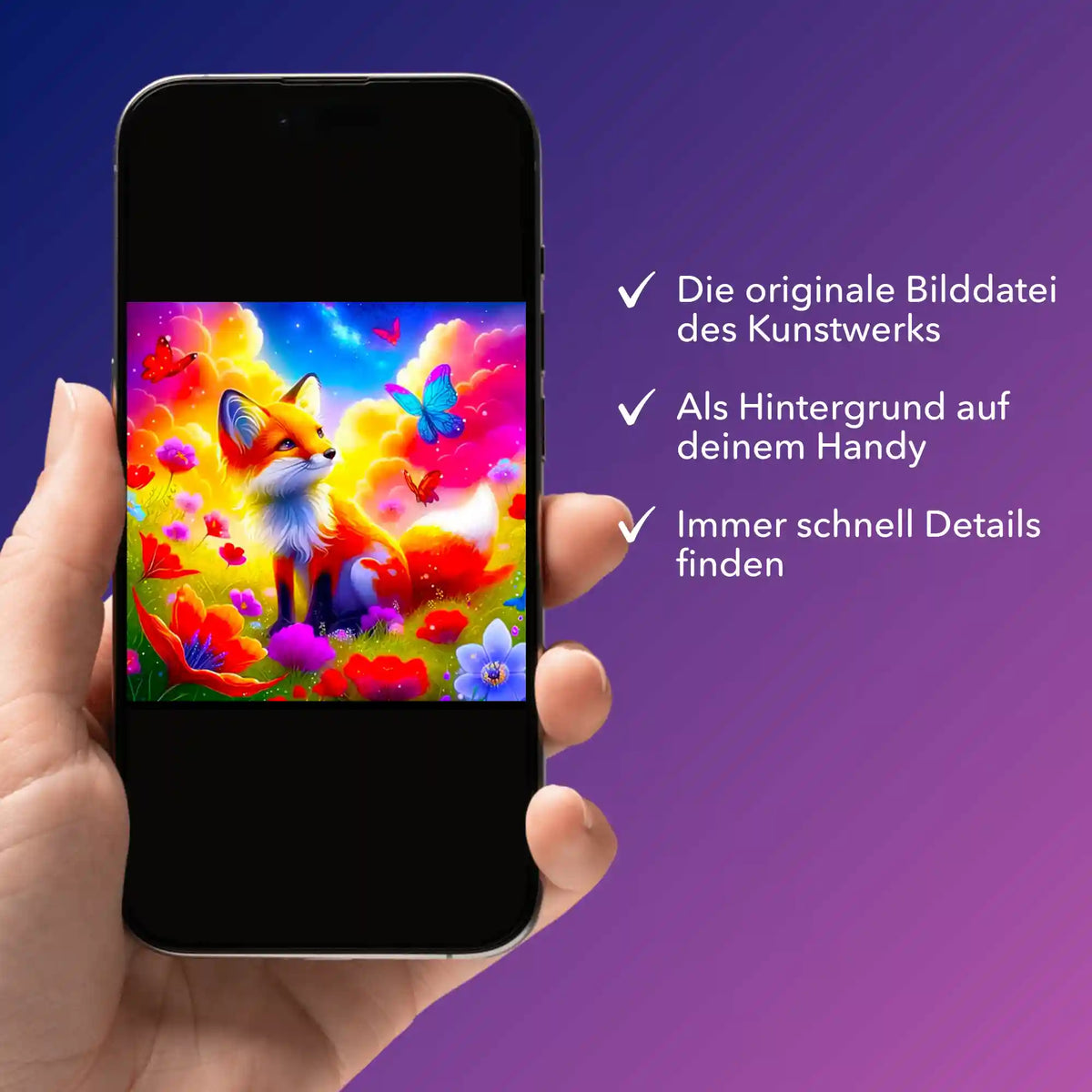 Smartphone mit digitaler Bildmappe des Diamond Painting Motivs Kleiner Fuchs im Zauberland für kreative DIY-Projekte.