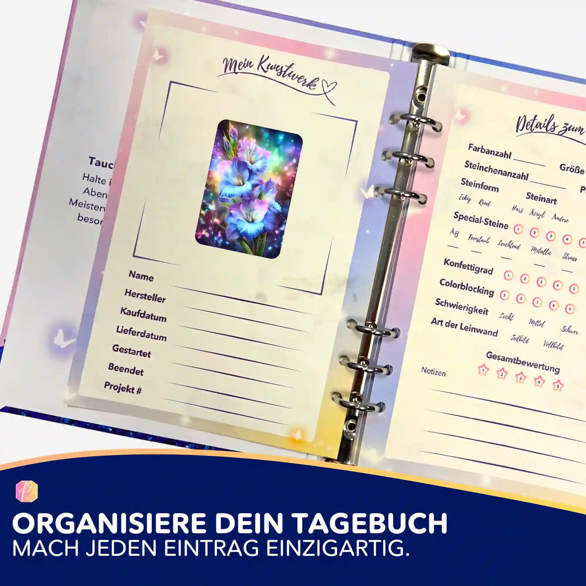 Picmondoo Sticker-Set zur Organisation von Diamond Painting Projekten im Tagebuch mit floralem Motivaufkleber