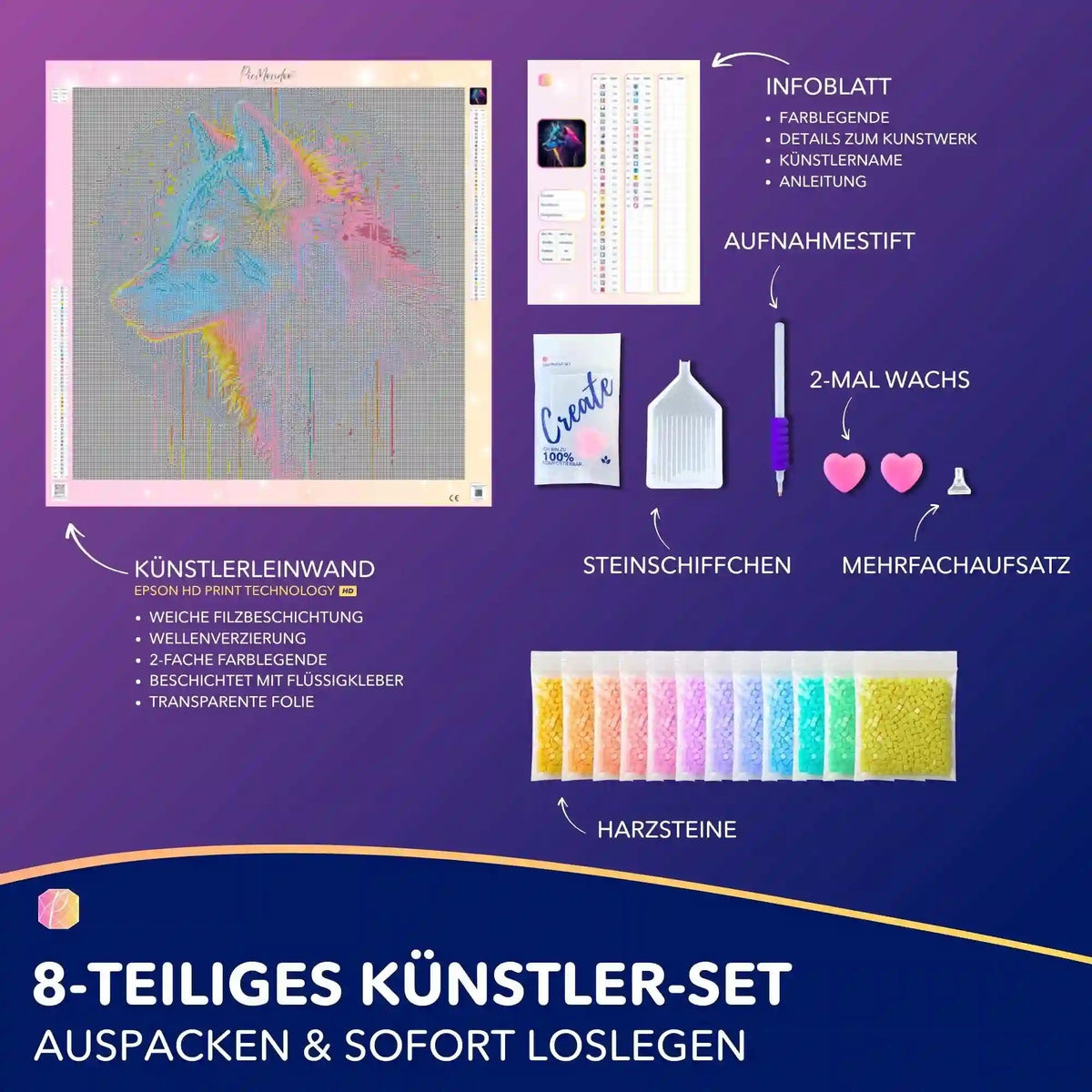 Diamond Painting Set Krafttier Wolf mit bunter Leinwand, Arbeitszubehör und farbenfrohen Harzsteinen für DIY-Kunstwerke.