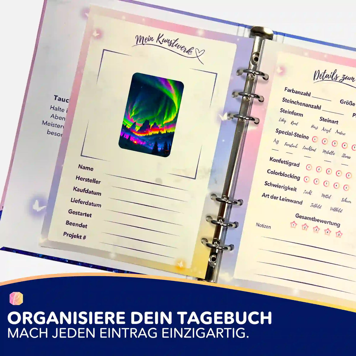 Diamond Painting Tagebuch Sticker mit bunten Nordlichtern zur Organisation deines fertigen Kunstwerks