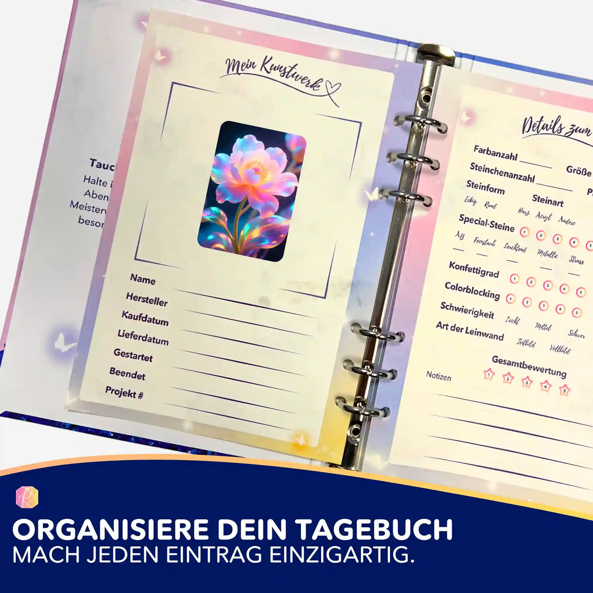 Inneres Leuchten Sticker im Diamond Painting Tagebuch zur Organisation von Projektdetails und Bildaufklebern