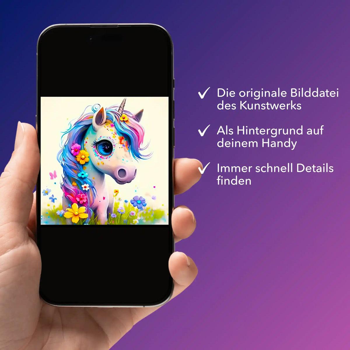 Smartphone mit digitaler Bildmappe für Diamond Painting oder Malen nach Zahlen Einhorn Motiv