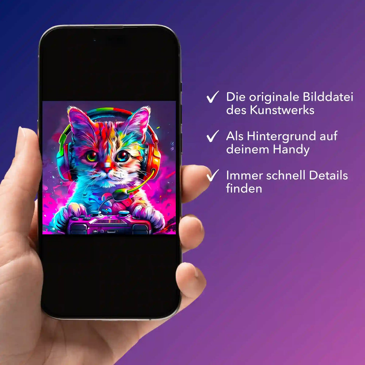 Digitale Bildmappe zum Diamond Painting mit Gaming Cat Motiv als Smartphone-Hintergrund für Fans von Malen nach Zahlen