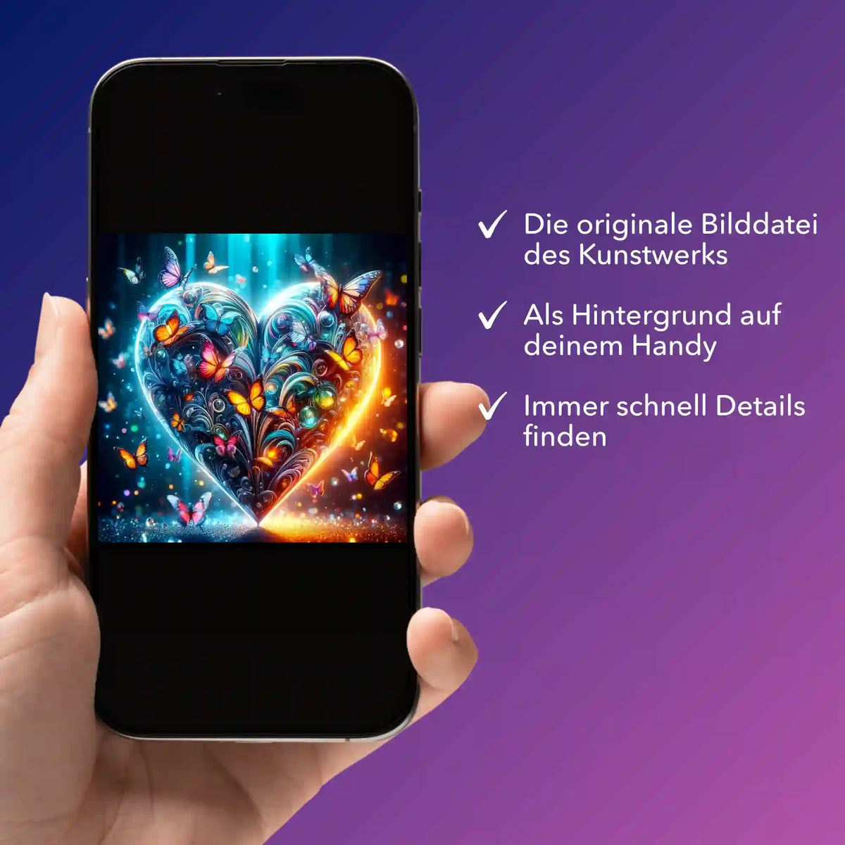 Digitale Bildmappe für Diamond Painting Motiv Schmetterlingsherz als praktische Referenz auf dem Smartphone