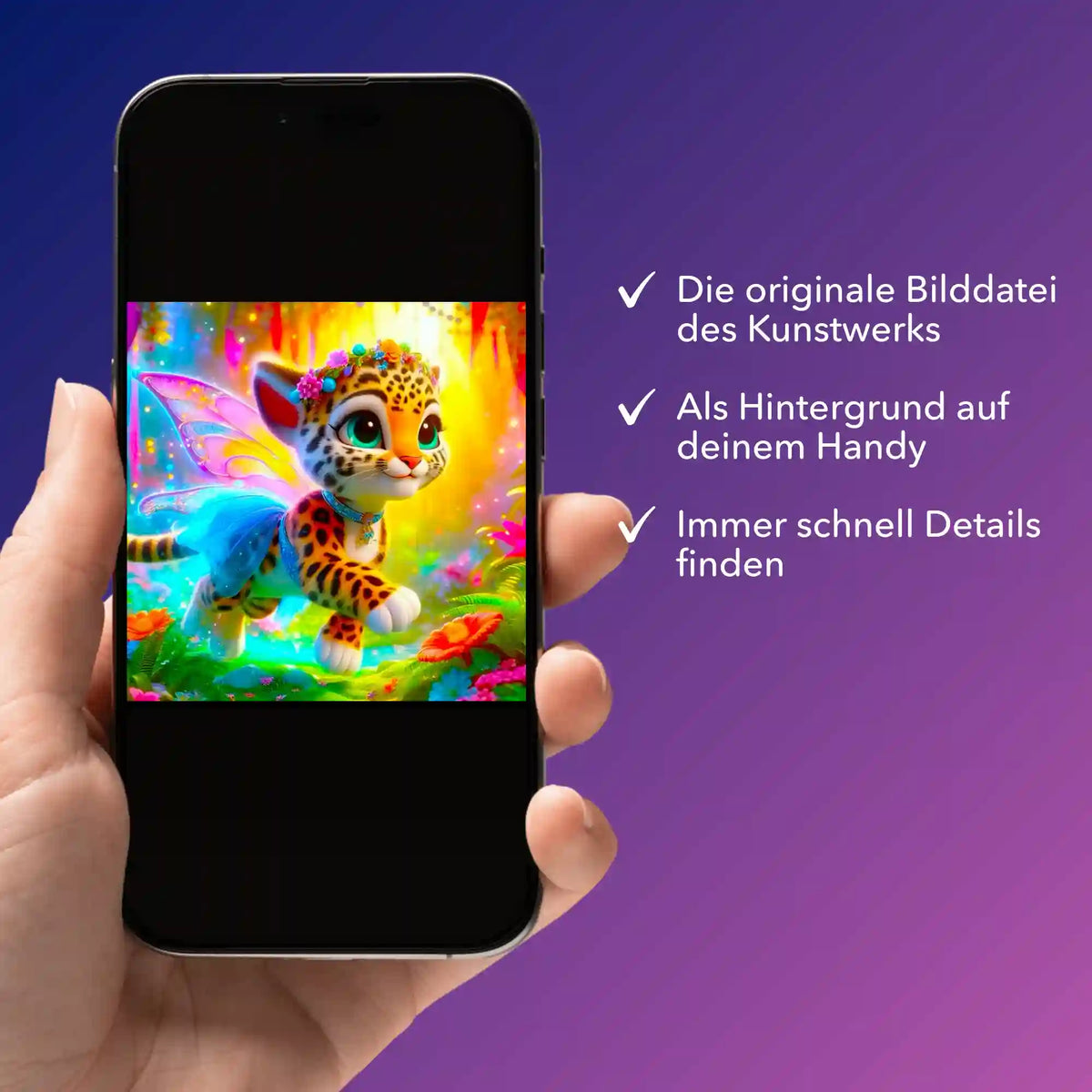 Digitale Bildmappe für Picmondoo Diamond Painting mit Motiv Finja die kleine Tigerfee auf dem Smartphone-Display
