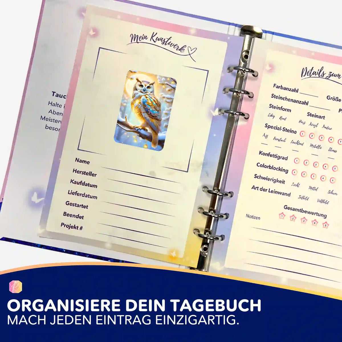 Diamond Painting Tagebuch Sticker mit Eulen-Motiv zur Organisation und Dokumentation von DIY-Kunstwerken