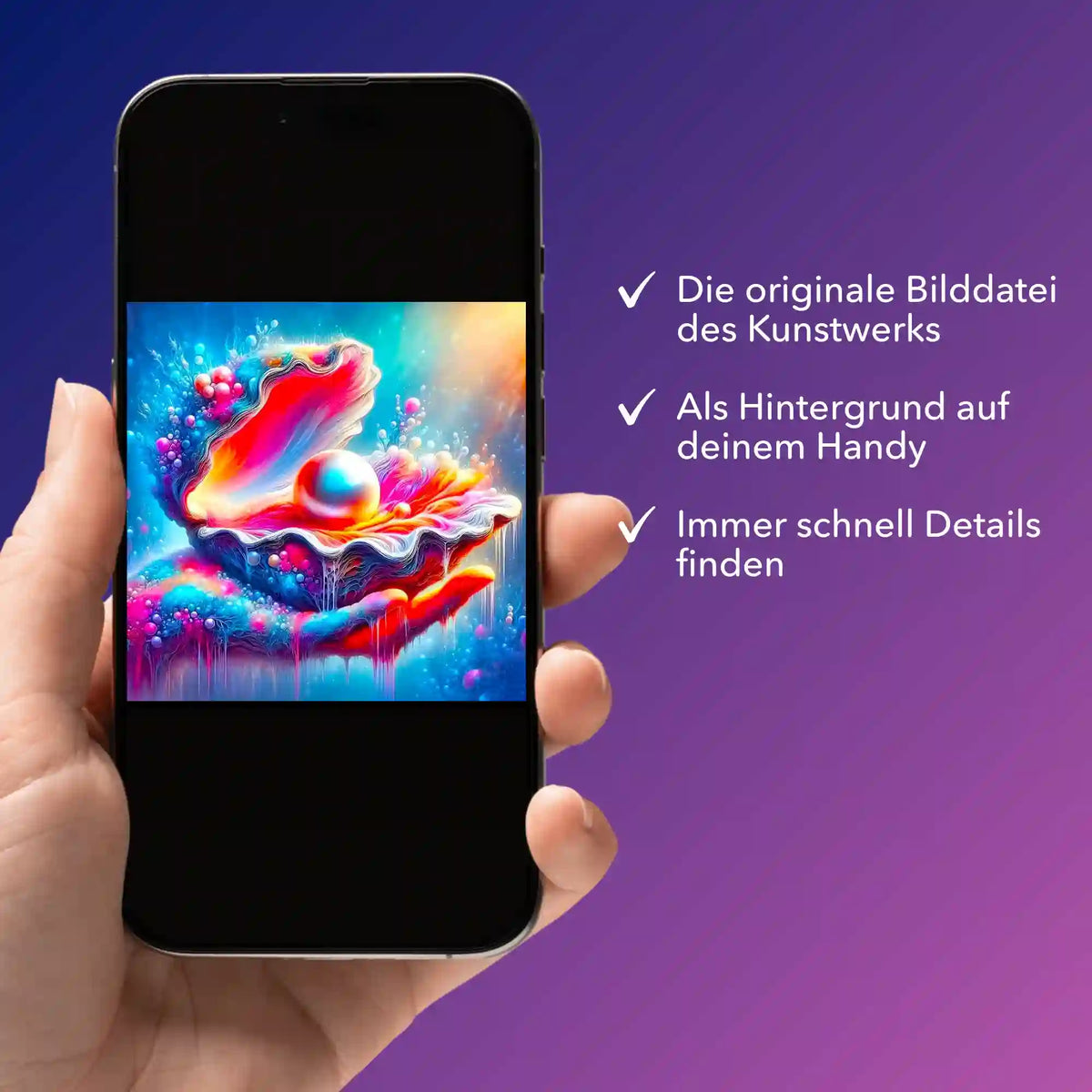 Smartphone mit digitaler Bildmappe für Diamond Painting Motiv Zauber des Meeres, perfekt für dein nächstes Kunstprojekt.
