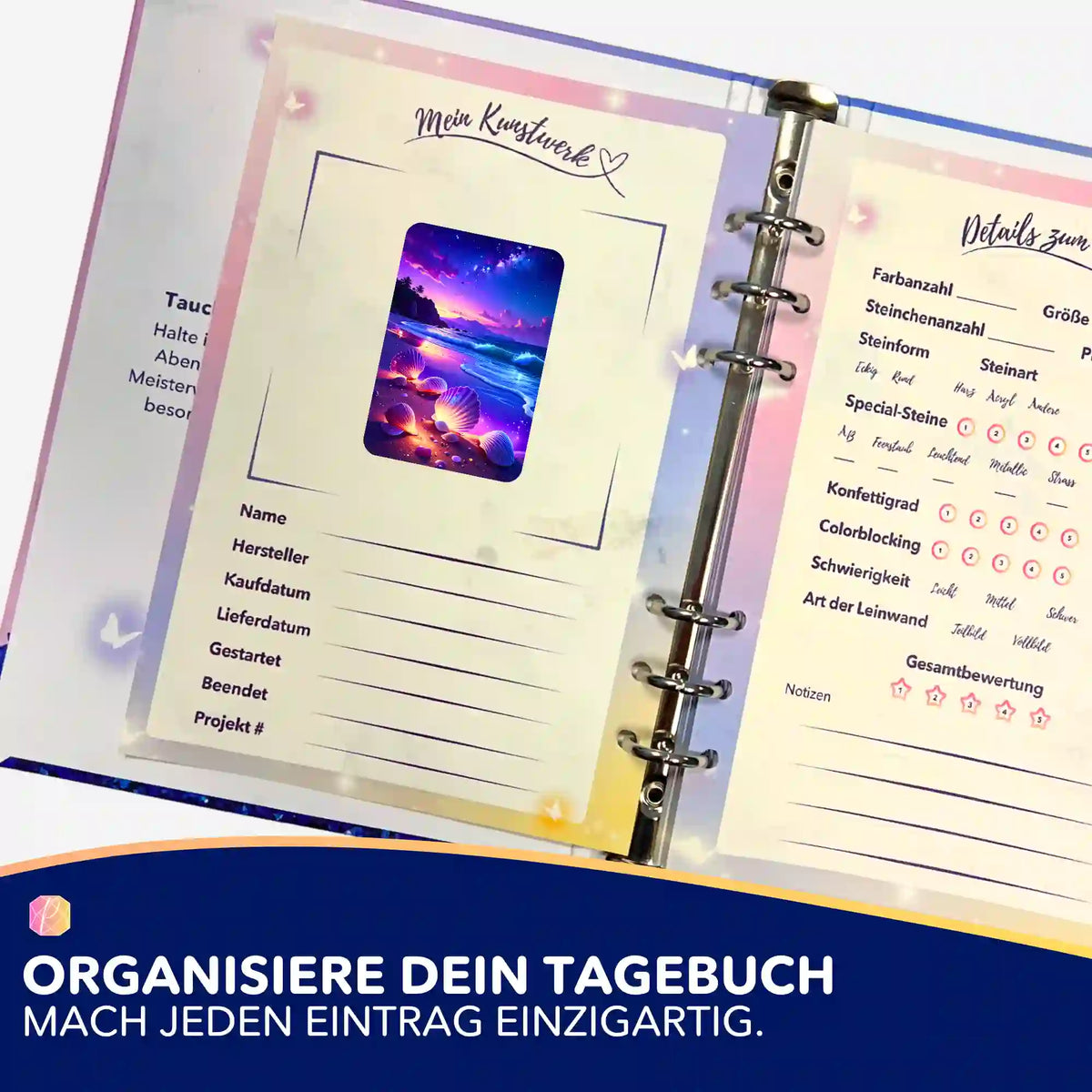 Die Wunschmuscheln Aufkleber im Diamond Painting Tagebuch zur Dokumentation von Projekten und Malen nach Zahlen Sets.