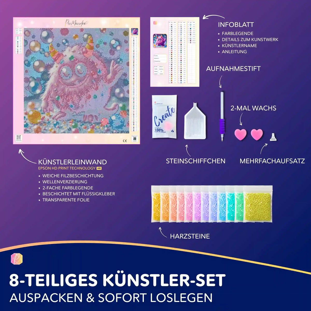 Diamond Painting Set Rolli: Buntes Fantasy-Monster auf Leinwand mit Zubehör wie Glitzersteine, Stift und Schale.