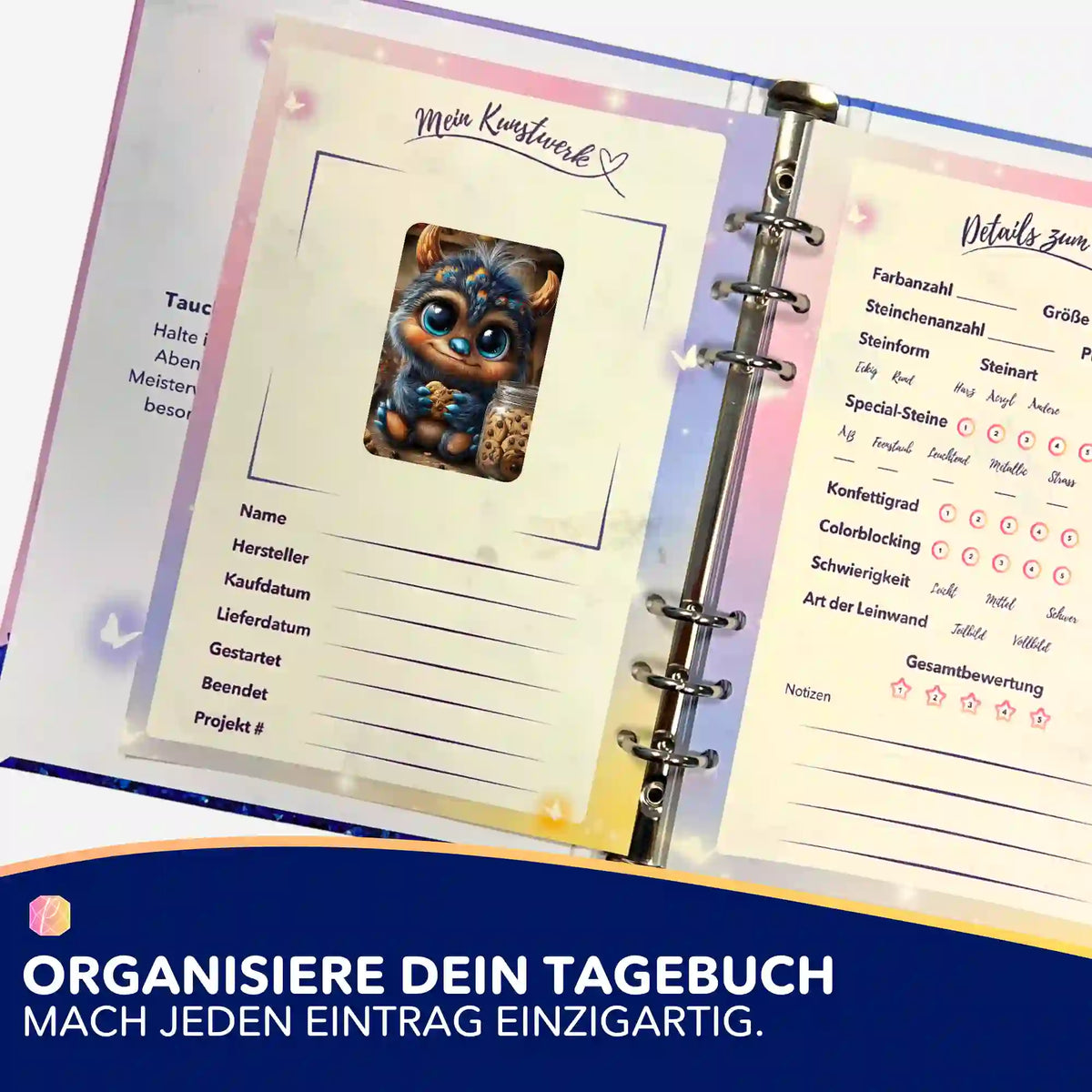 Die Keksfrage Sticker im Diamond Painting Logbuch zur Organisation von Kunstwerken für Malen nach Zahlen Fans