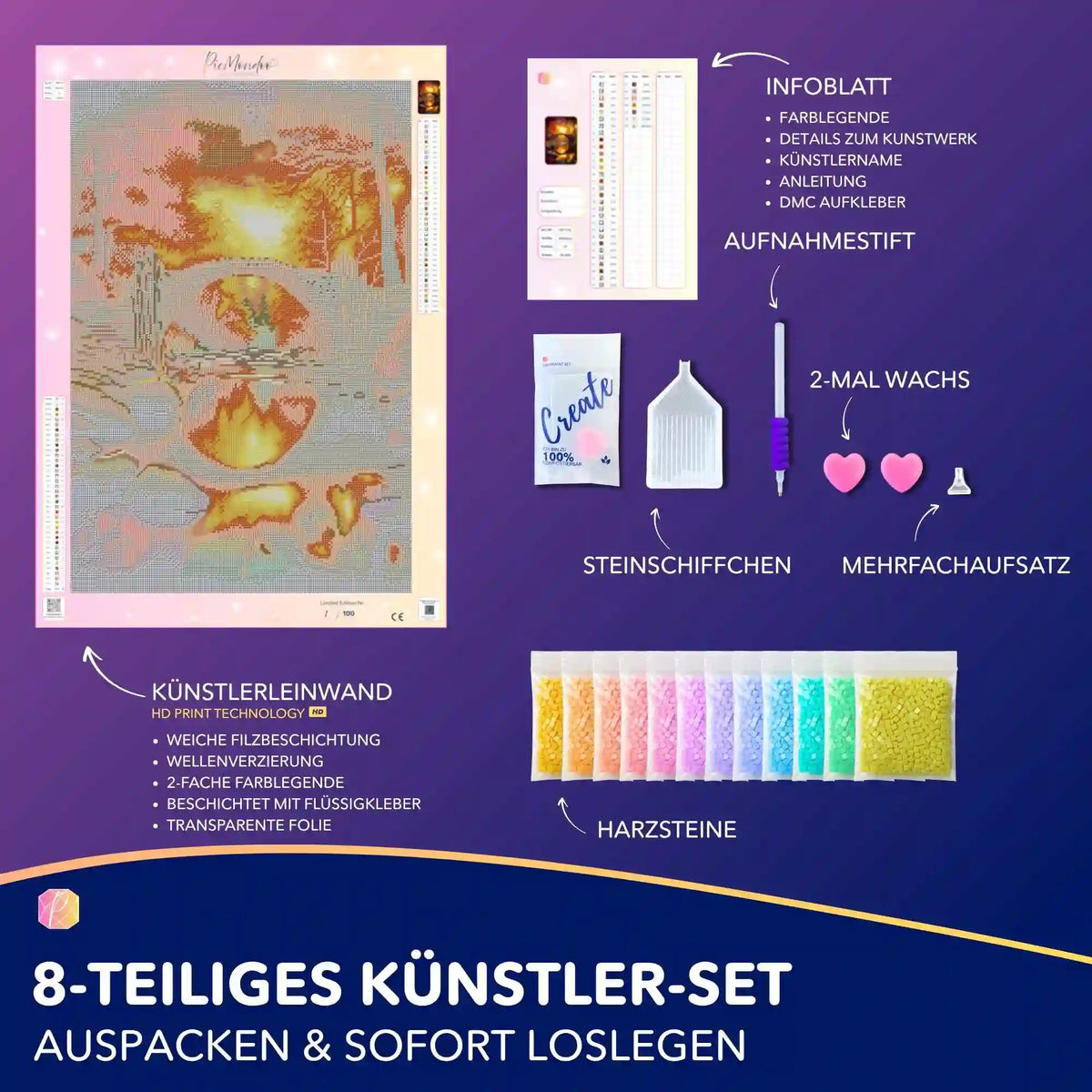 Diamond Painting Set Brücke der ewigen Stunde mit Leinwand, bunten Harzsteinen und Zubehör im 8-teiligen Komplett-Set