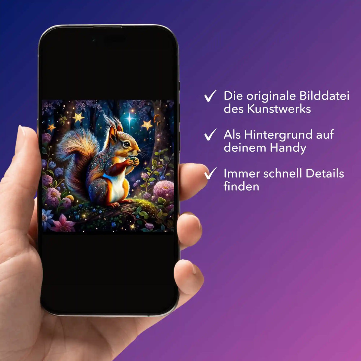 Digitale Bildmappe zum Diamond Painting mit Eichhörnchen im Zauberwald als Handy-Hintergrund für kreative DIY-Fans