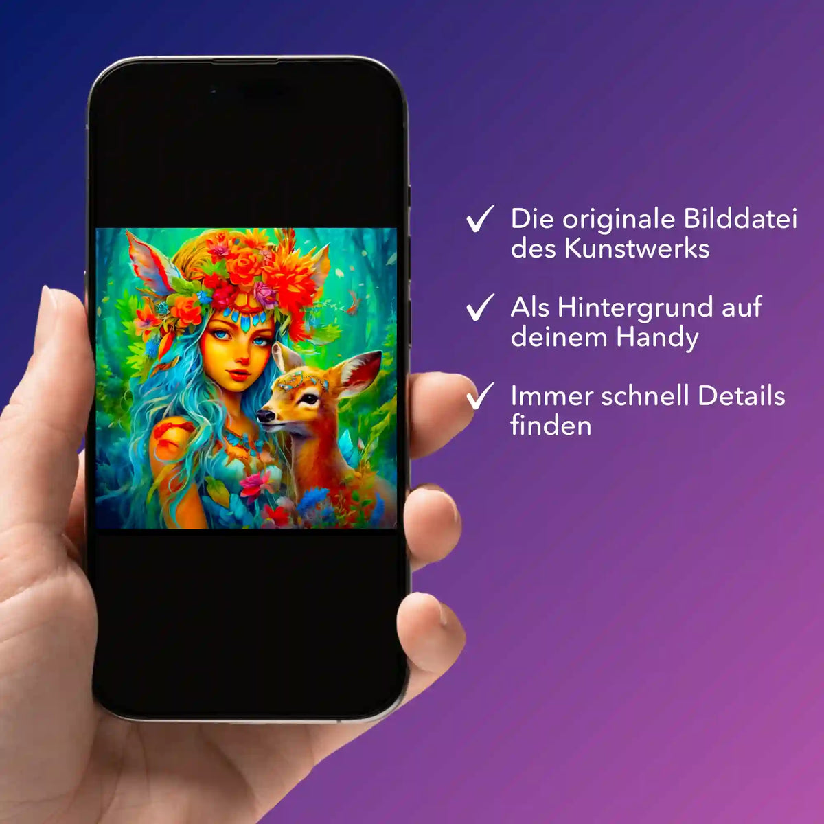 Digitale Bildmappe Waldmädchen für Diamond Painting auf einem Smartphone als digitale Vorlage für kreative Projekte