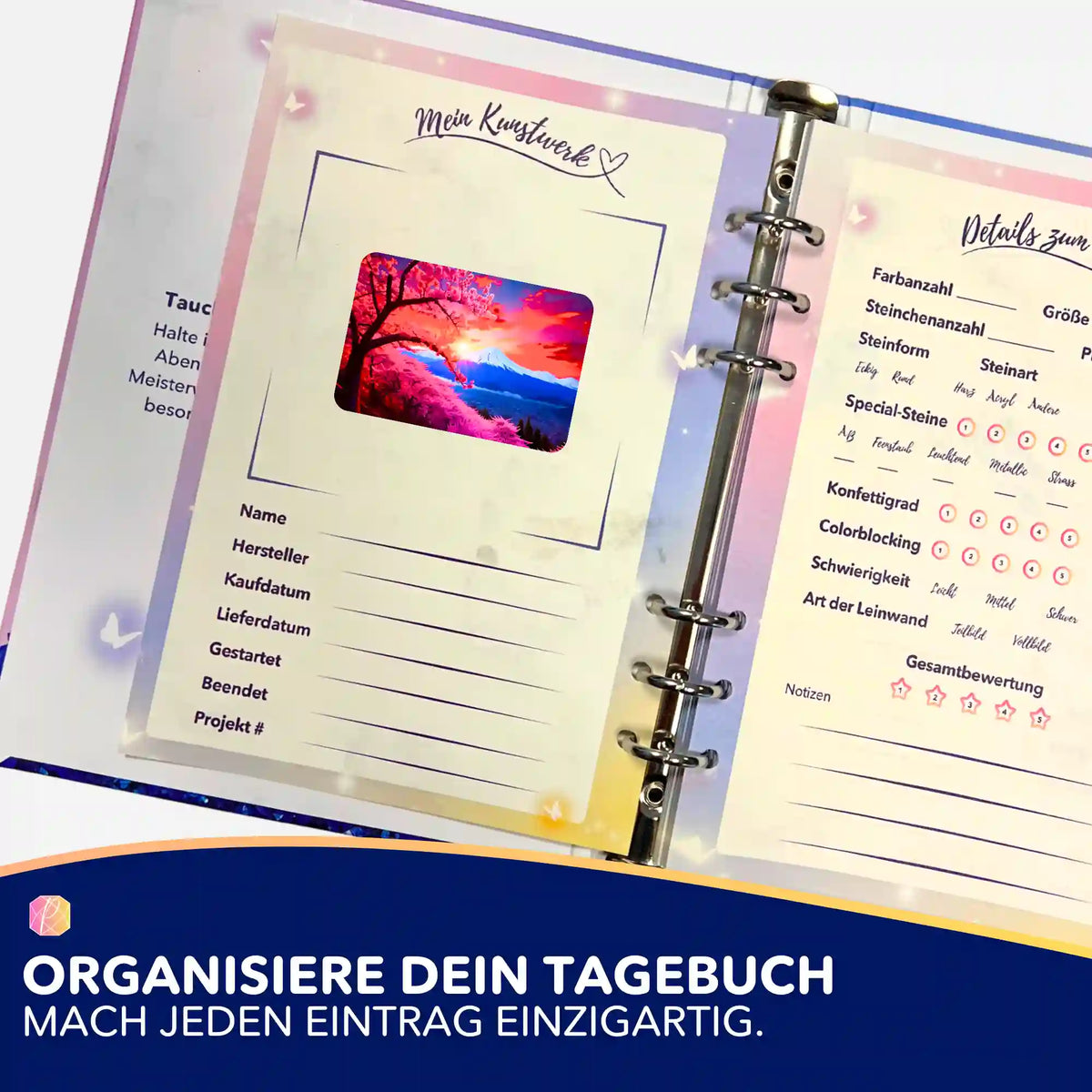 Diamond Painting Aufkleber Berg der Kirschblüten zur Organisation im Tagebuch für Diamond Painting Fans.