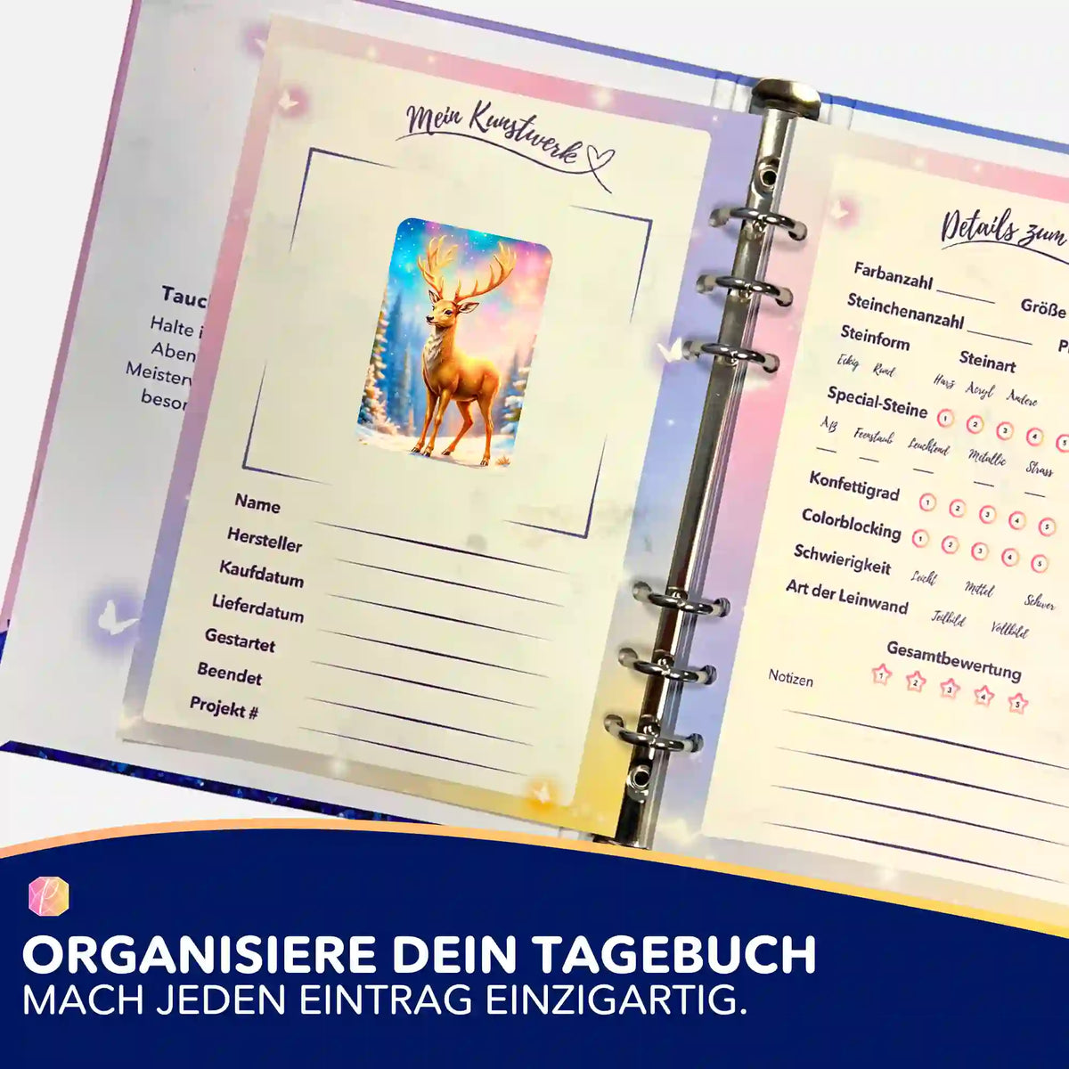 Goldener Hirsch Sticker für Diamond Painting Tagebuch zur Organisation von Kunstwerken und Leinwand-Details