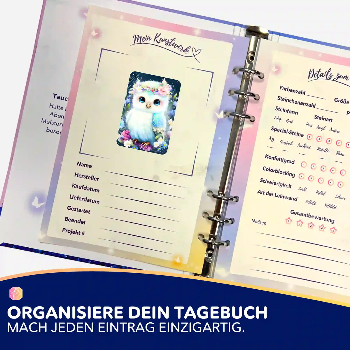 Picmondoo Eulen-Sticker im Planer für Diamond Painting Projekte zur Dokumentation und Organisation von Kunstwerken