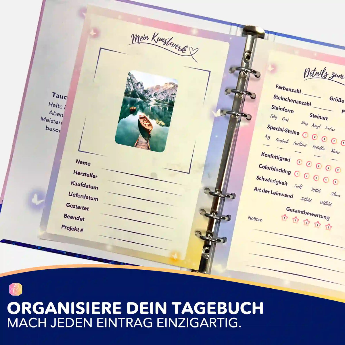 Diamond Painting Tagebuch Sticker Das Boot am See zur Organisation von Diamanten Painting und DIY-Bastelsets