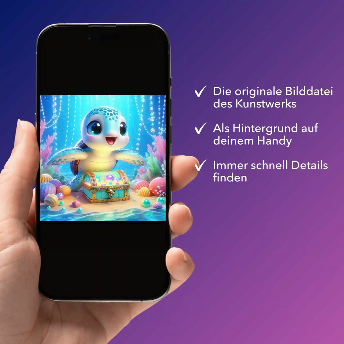 Digitale Bildmappe zum Diamond Painting Motiv Kleiner Schatzwächter auf einem Handy-Display zur Vorlagenansicht