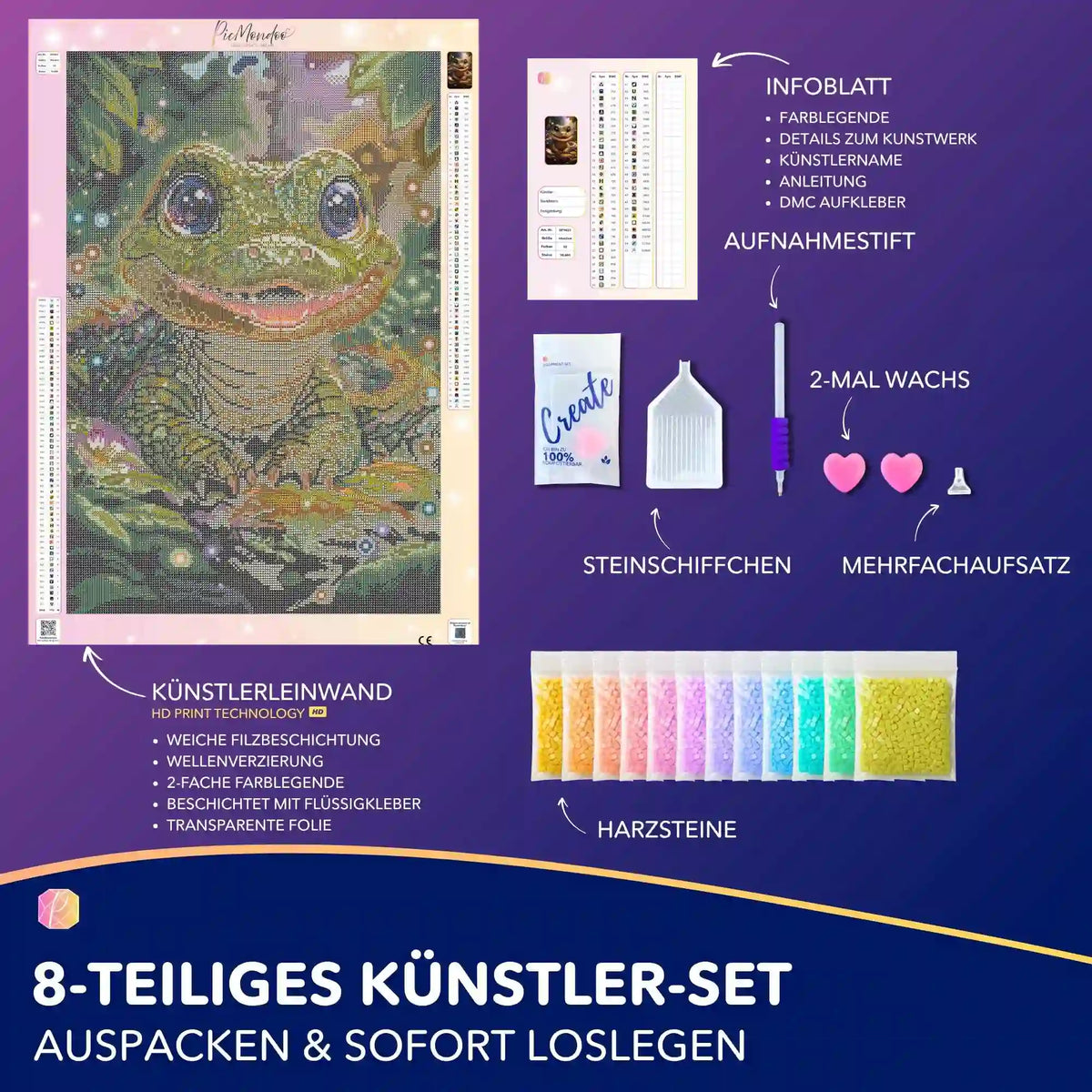 Diamond Painting Set Uraltes Lächeln mit Krokodil-Motiv, Harzsteinen, Werkzeug und Leinwand für kreatives Basteln.