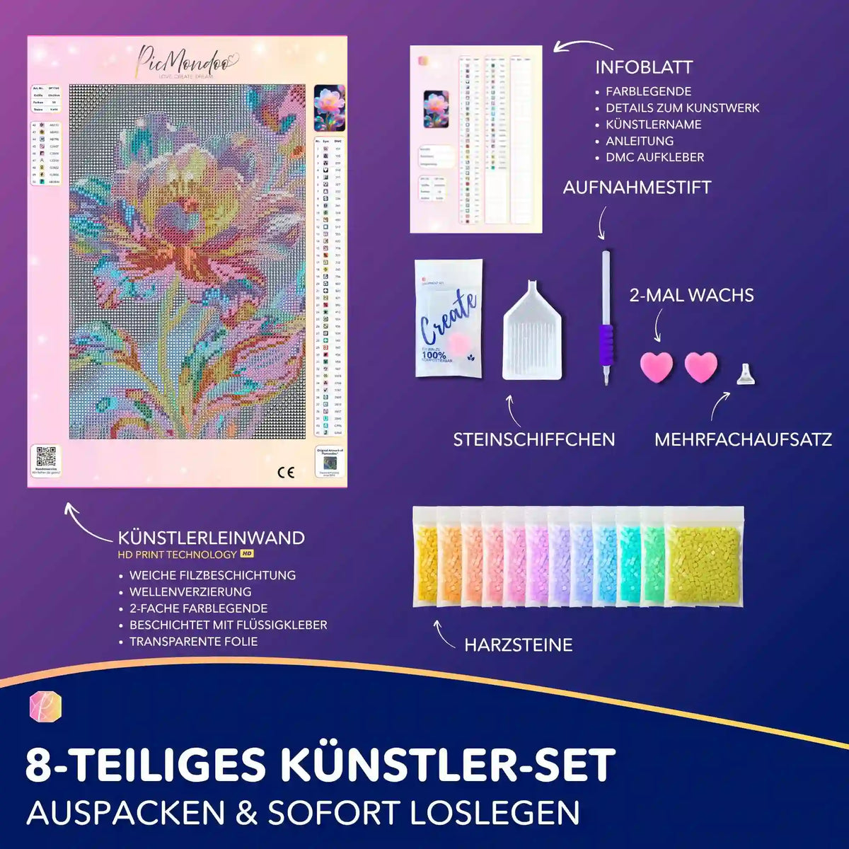 Diamond Painting Set Inneres Leuchten mit Blumenmotiv, Leinwand, bunten Harzsteinen und Zubehör für DIY-Kunstwerke.