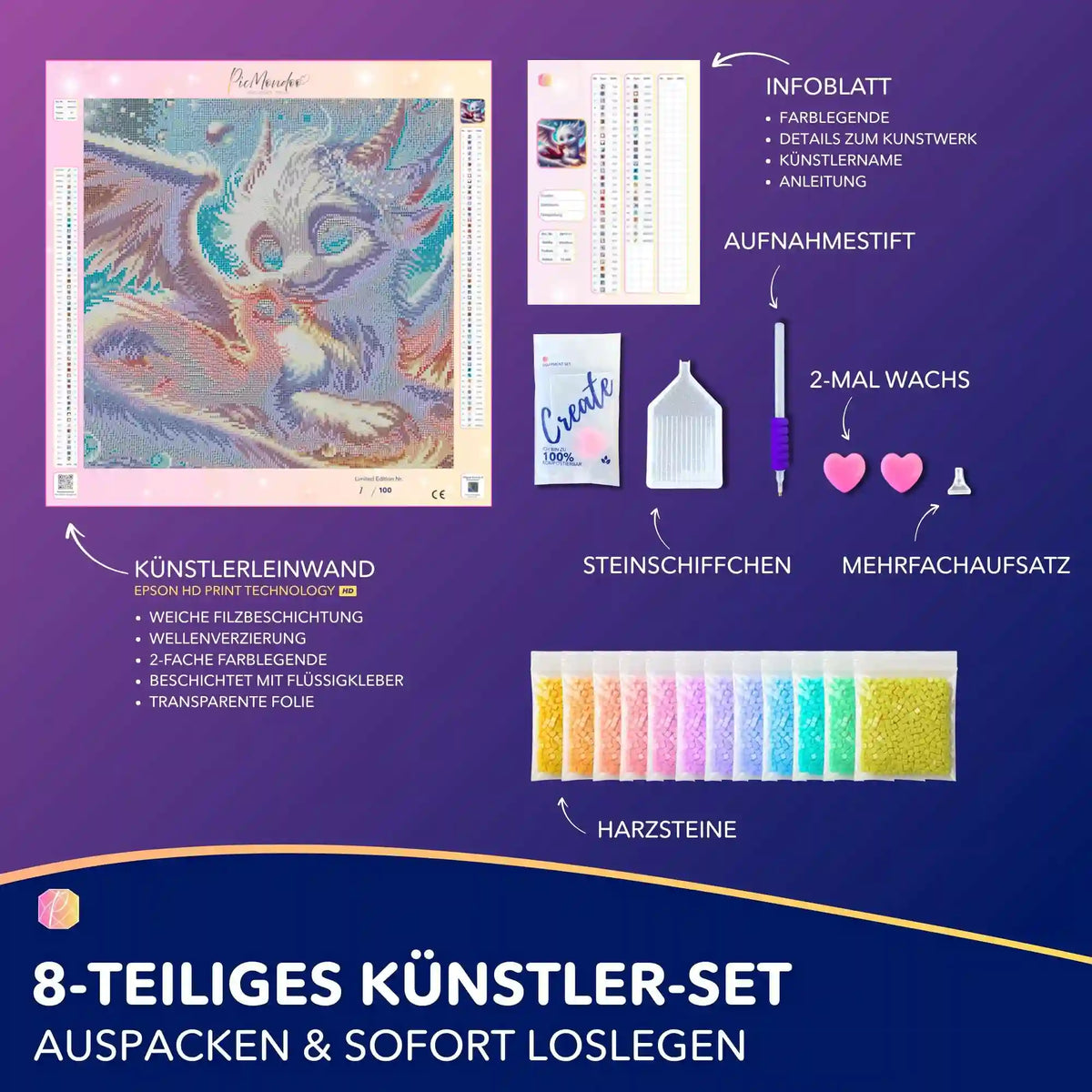 Diamond Painting Set Astra & Fira: Künstler-Leinwand mit Fantasy-Wesen, Harzsteine und Zubehör für DIY Kunstprojekte.