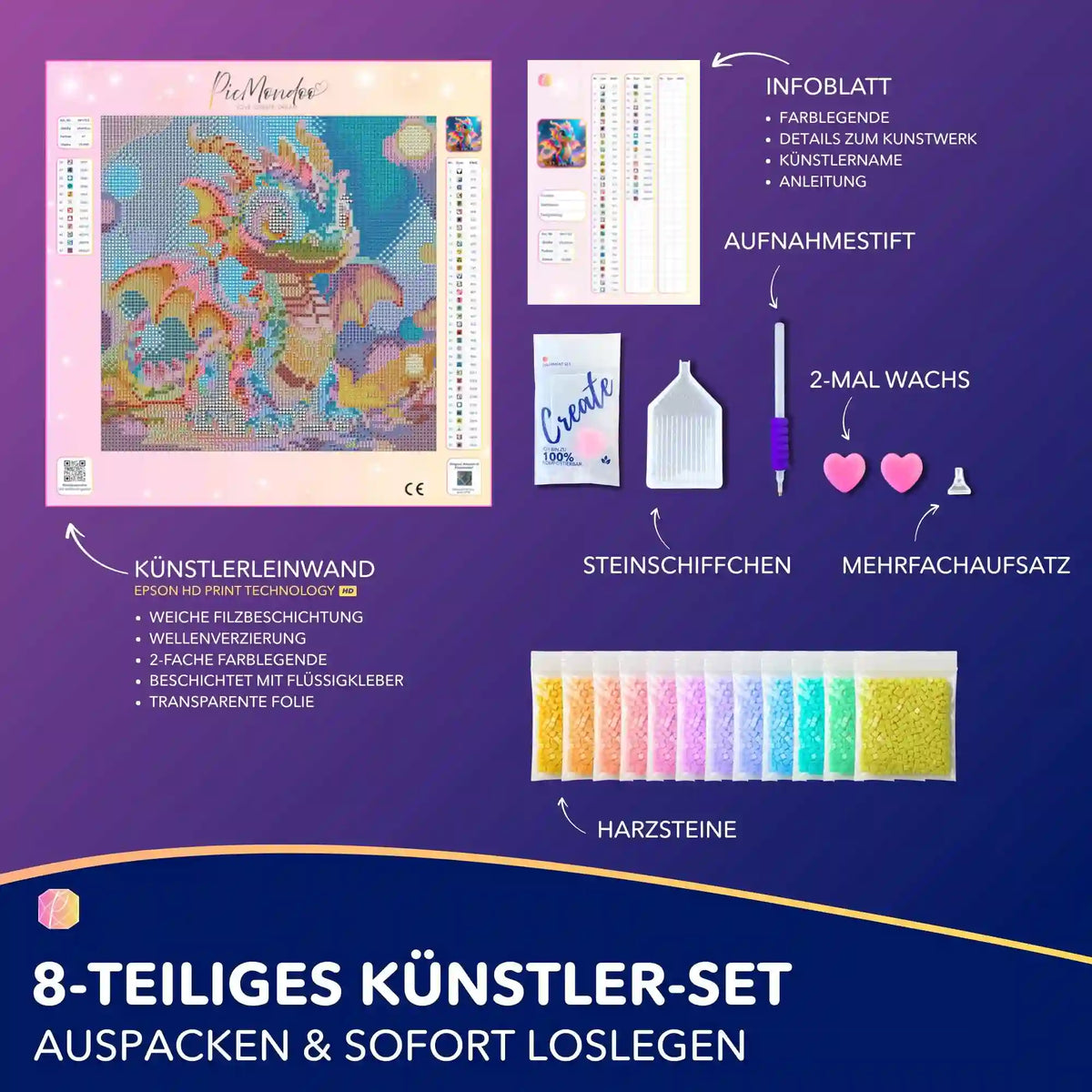 Diamond Painting Set Rinji mit süßem Babydrache, Leinwand, bunten Harzsteinen und Zubehör für DIY-Kunstwerke.