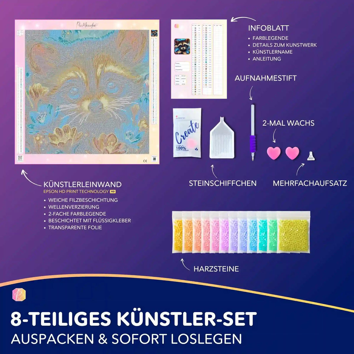 Diamond Painting Set Augen voller Nacht mit Waschbär Motiv, Leinwand, bunten Harzsteinen und praktischem Zubehör-Set.