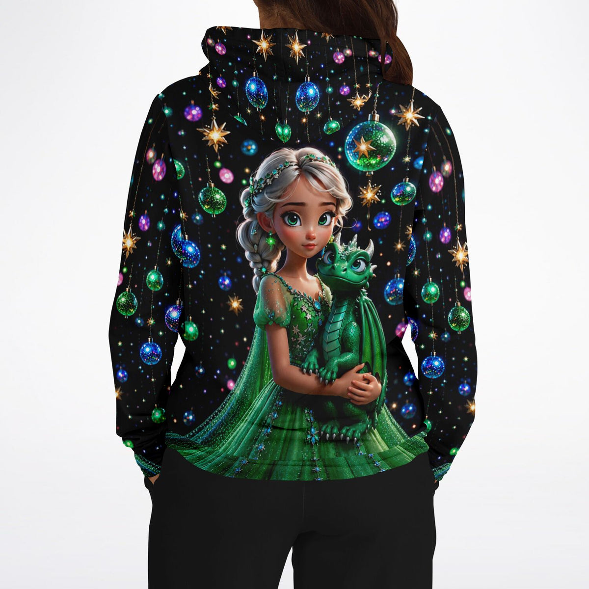 Schwarzer Hoodie mit Dragon Girl Motiv, im Stil von Diamond Painting und Malen nach Zahlen, mit Glitzerkugeln und Drache