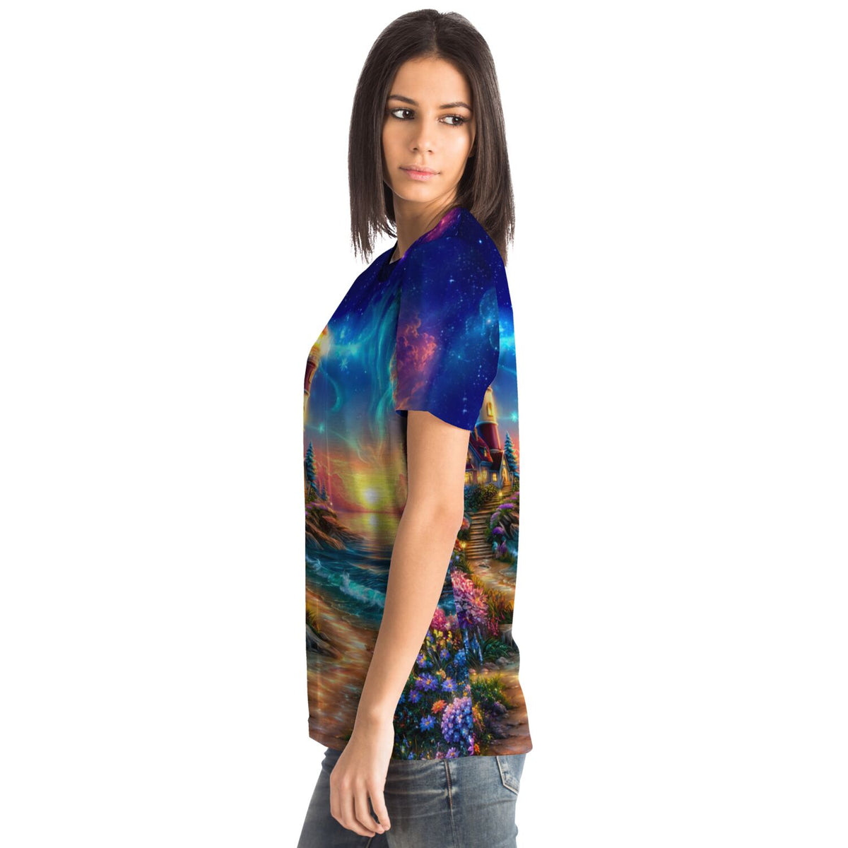 Frau trägt Dreamer T-Shirt Wächter des Horizonts mit galaktischem Landschaftsmotiv im Stil von Malen nach Zahlen