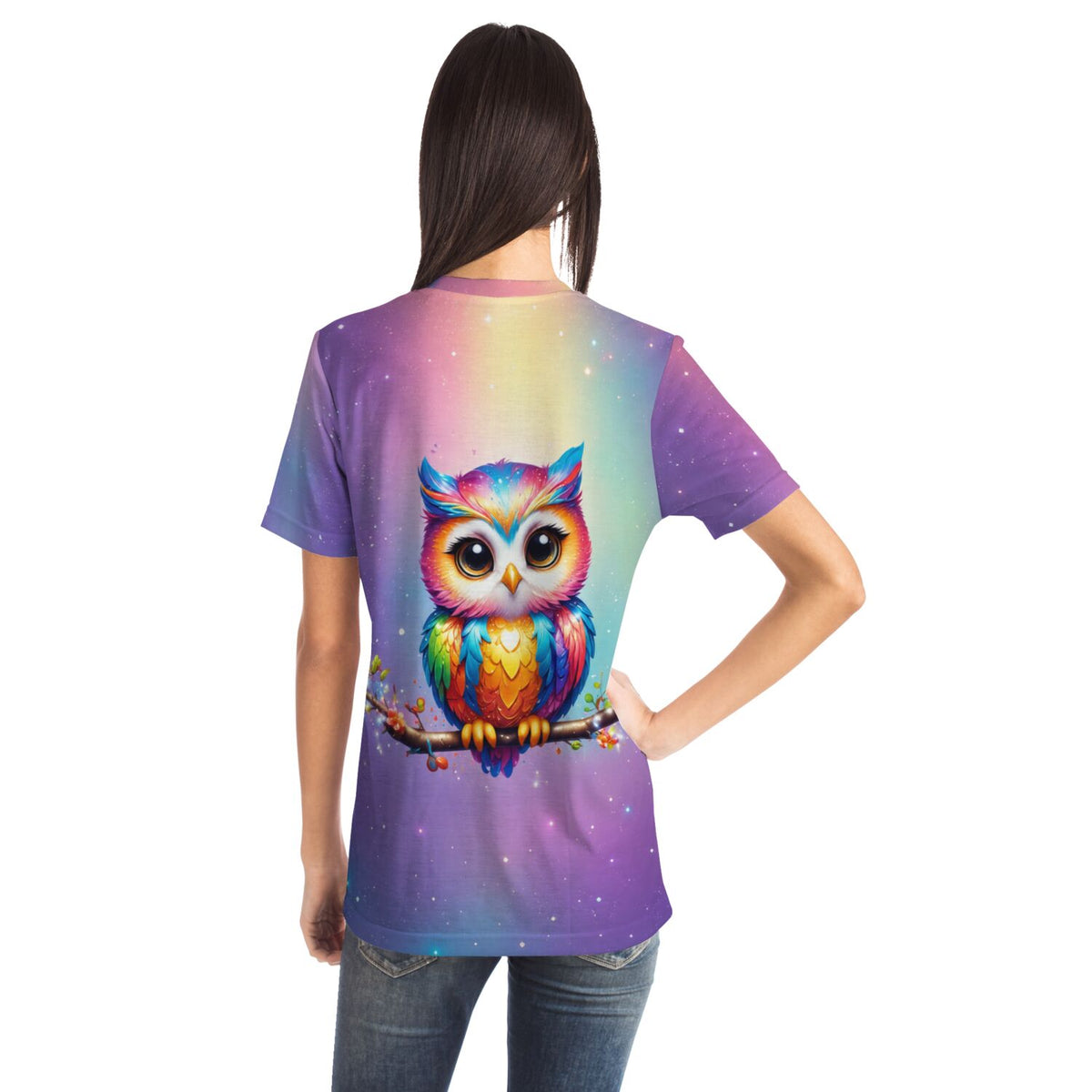 T-Shirt mit buntem Eulen-Motiv im Diamond Painting und Malen nach Zahlen Stil vor galaktischem Hintergrund