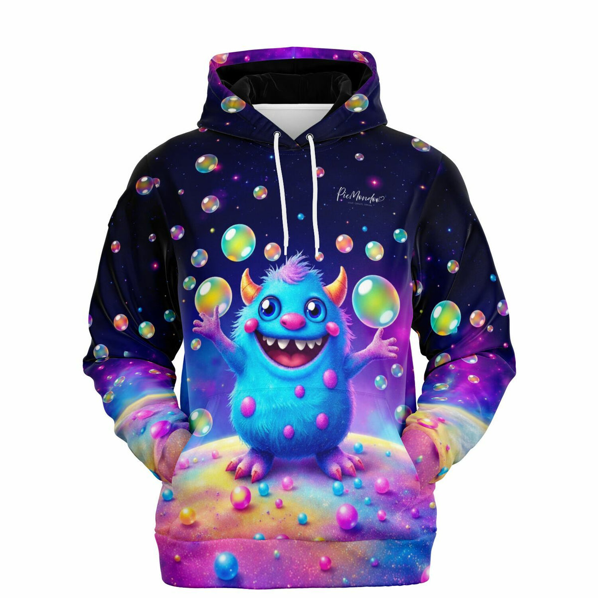 Blauer Dreamer Hoodie für Diamond Painting Fans mit buntem Monster-Motiv und Seifenblasen im Weltraum-Design