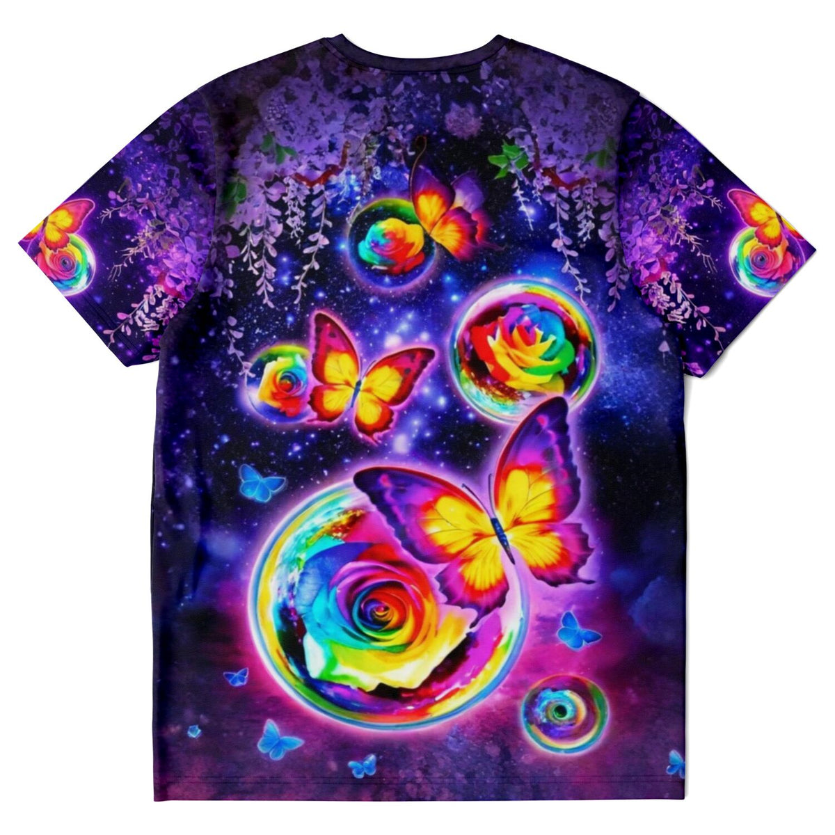 T-Shirt mit buntem Schmetterlingstanz im Mondschein Design, inspiriert durch Diamond Painting und Malen nach Zahlen Kunst.