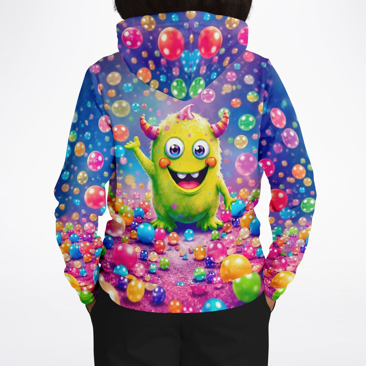 Dreamer Hoodie mit buntem Monster-Motiv und vielen farbigen Kugeln, perfekt als Vorlage für Diamond Painting geeignet
