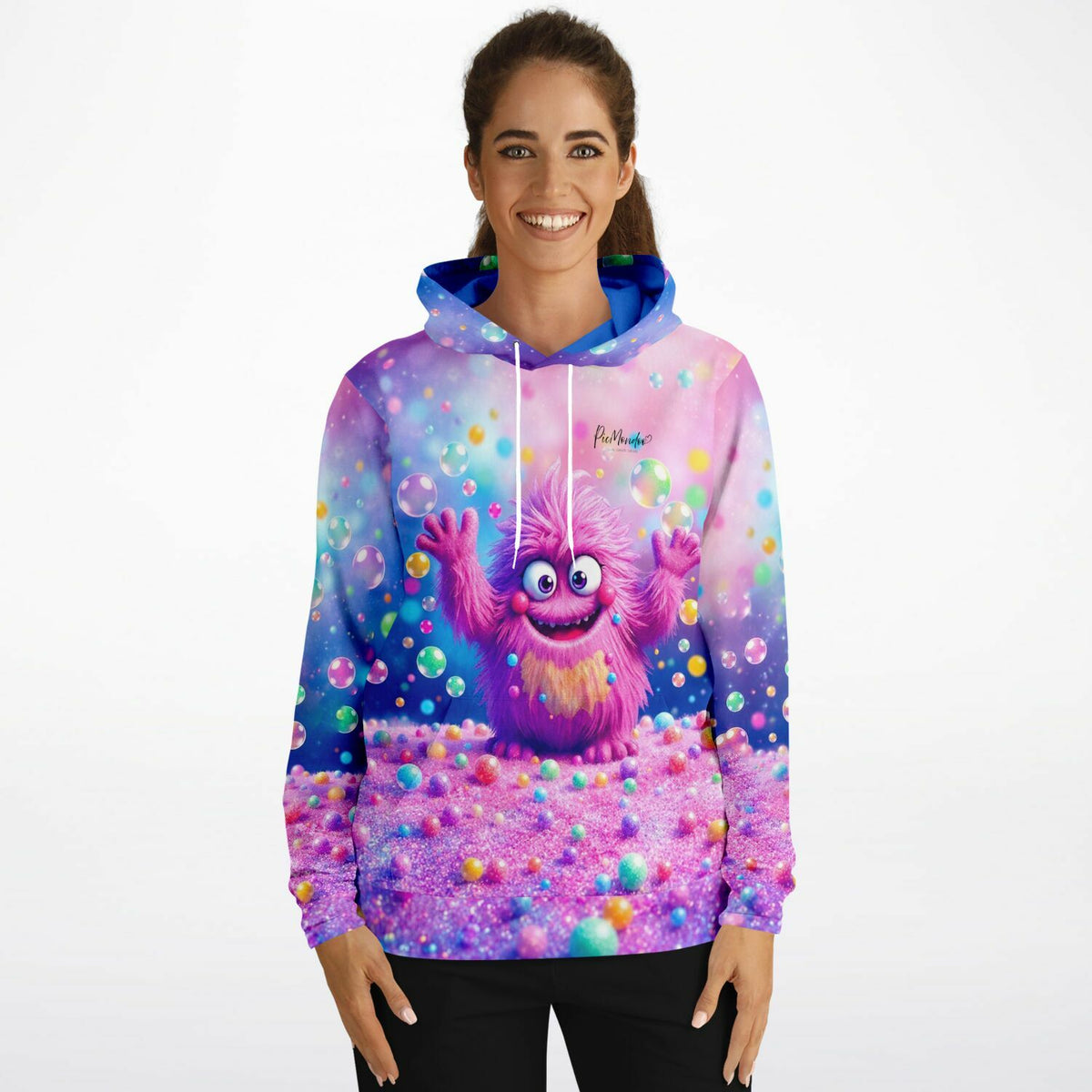 Picmondoo Dreamer Hoodie mit buntem Monster Eckbert, lebendigen Farben und Seifenblasen Design für DIY-Fans