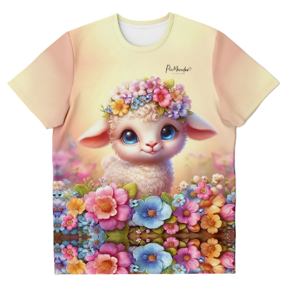 T-Shirt mit Osterlämmchen-Motiv und Blumenkranz im Stil von Malen nach Zahlen und Diamond Painting Designs