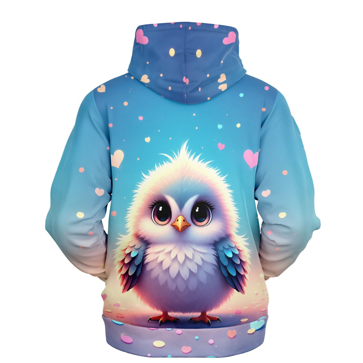 Dreamer Hoodie in Hellblau mit niedlichem Küken-Motiv und Herz-Muster, perfekt für Fans von Diamond Painting und Kunst.