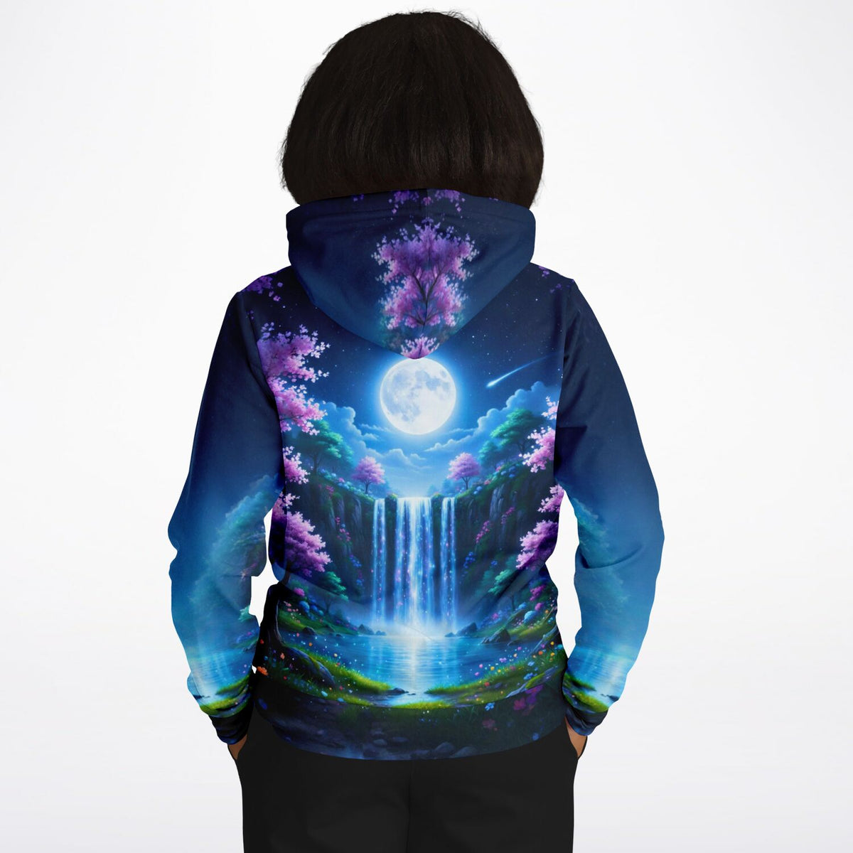 Dreamer Hoodie Tal der flüsternden Wasser mit Wasserfall-Motiv in nächtlicher Natur, vergleichbar mit Diamond Painting