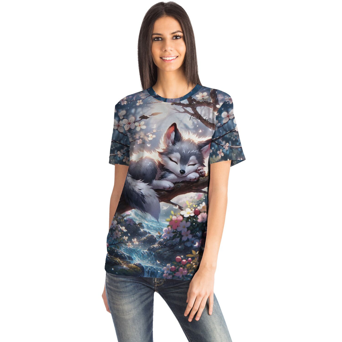 Frau trägt ein T-Shirt mit Yukis Frühling Motiv, bekannt aus unseren Diamond Painting und Malen nach Zahlen Sets.