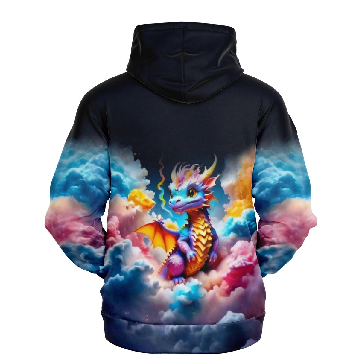 Schwarzer Dreamer Hoodie mit buntem Baby-Drachen Motiv in Wolken, passend für Fans von Diamond Painting und DIY-Art.